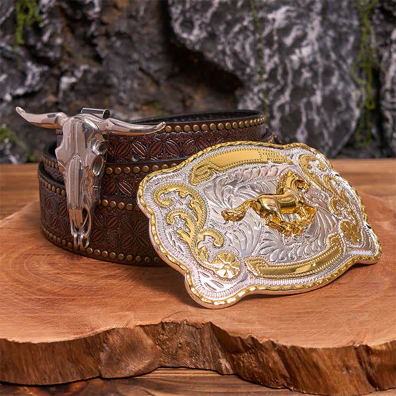 Conjunto de hebilla de cinturón con colgante de toro longhorn y caballo dorado - Caballo - Cinturón con remaches marrones - 42 - image 5