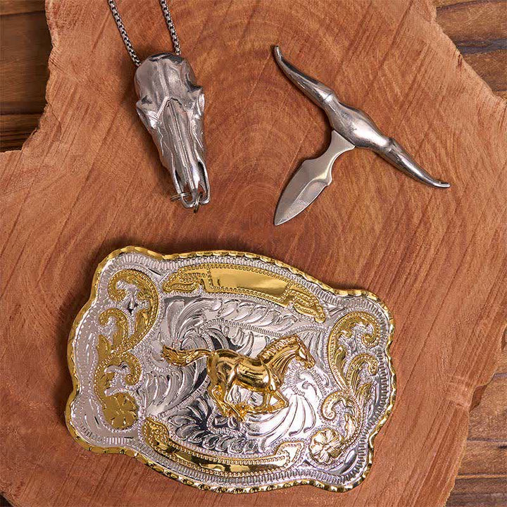 Conjunto de hebilla de cinturón con colgante de toro longhorn y caballo dorado - image 2