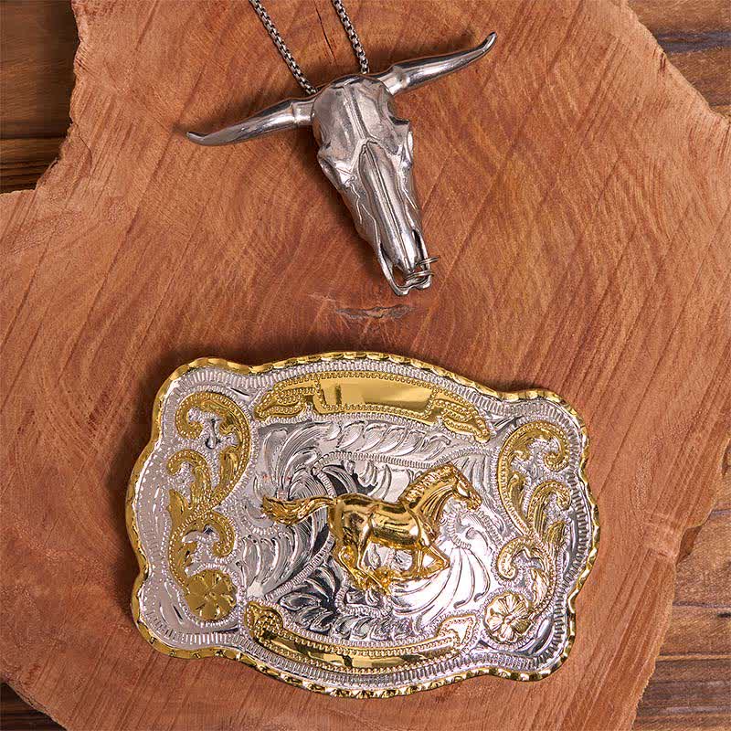 Conjunto de hebilla de cinturón con colgante de toro longhorn y caballo dorado - Caballo - Sin cinturón - No incluye cinturón - image 1