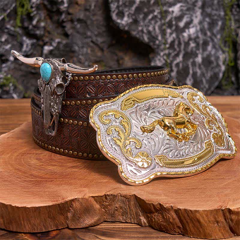 Hebilla de cinturón de caballo dorado DIY con colgante de toro de cuernos largos turquesa - Caballo - Cinturón con remaches marrones - 42 - image 5