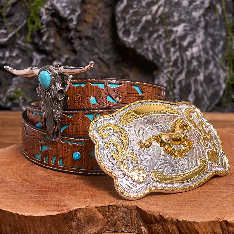 Hebilla de cinturón de caballo dorado DIY con colgante de toro de cuernos largos turquesa - Caballo - Cinturón tallado en turquesa - 42 - image 4