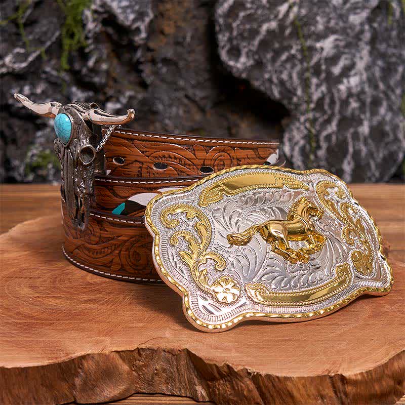 Hebilla de cinturón de caballo dorado DIY con colgante de toro de cuernos largos turquesa - Caballo - Cinturón de plumas marrones - 40 - image 0