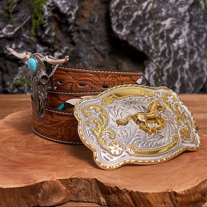 Hebilla de cinturón de caballo dorado DIY con colgante de toro de cuernos largos turquesa - Caballo - Cinturón de plumas marrones - 40 - image 0