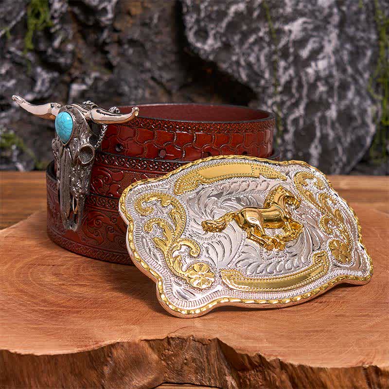 Hebilla de cinturón de caballo dorado DIY con colgante de toro de cuernos largos turquesa - Caballo - Cinturón marrón tallado - 42 - image 7