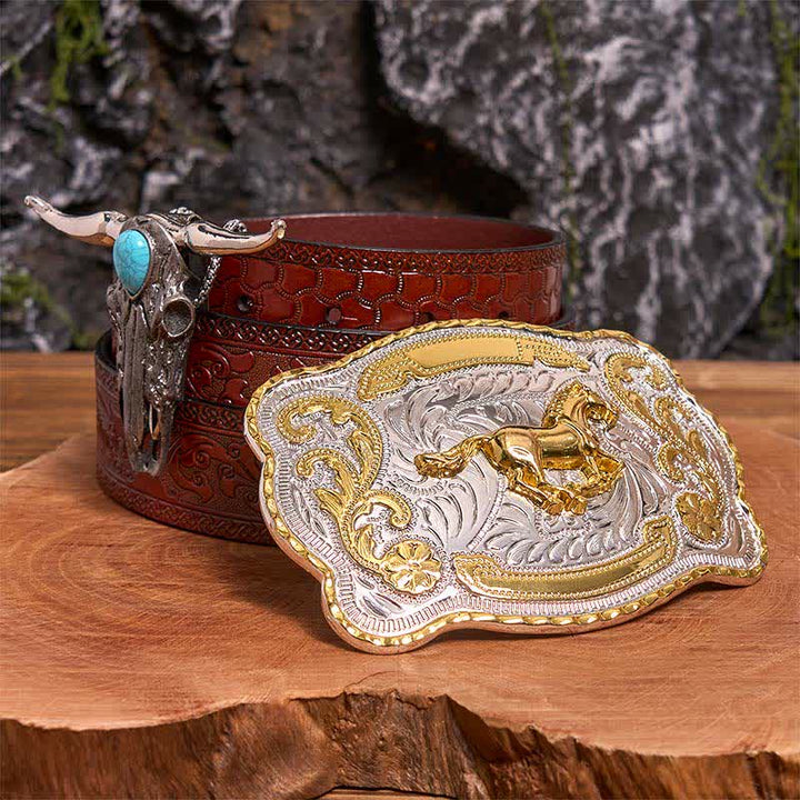 Hebilla de cinturón de caballo dorado DIY con colgante de toro de cuernos largos turquesa - Caballo - Cinturón marrón tallado - 42 - image 7