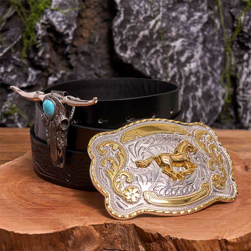 Hebilla de cinturón de caballo dorado DIY con colgante de toro de cuernos largos turquesa - Caballo - Cinturón de águila negra en relieve - 42 - image 3