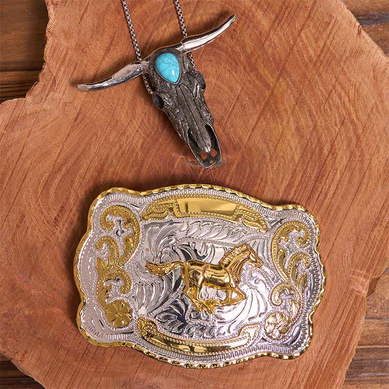 Hebilla de cinturón de caballo dorado DIY con colgante de toro de cuernos largos turquesa - Caballo - Sin cinturón - No incluye cinturón - image 1