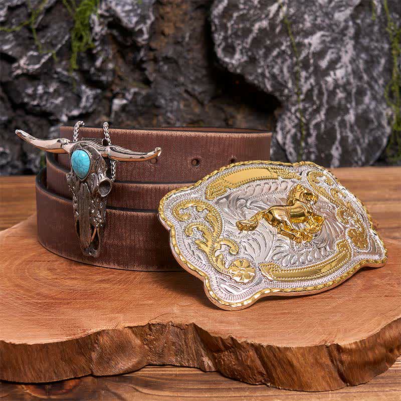 Hebilla de cinturón de caballo dorado DIY con colgante de toro de cuernos largos turquesa - Caballo - Cinturón marrón desgastado - 42 - image 6