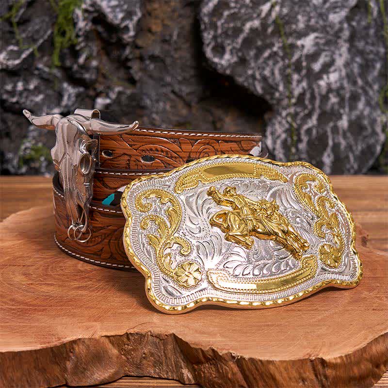 Conjunto de hebillas de cinturón para montar a caballo, con colgante de toro de cuernos largos - Caballo - Cinturón de plumas marrones - 40 - image 0