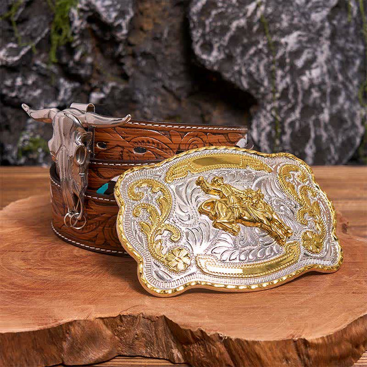 Conjunto de hebillas de cinturón para montar a caballo, con colgante de toro de cuernos largos - Caballo - Cinturón de plumas marrones - 40 - image 0