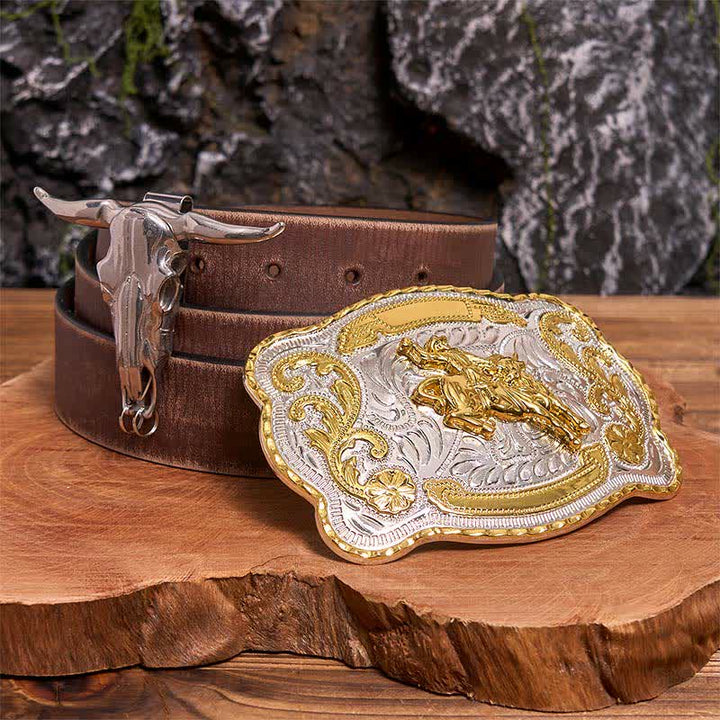Conjunto de hebillas de cinturón para montar a caballo, con colgante de toro de cuernos largos - Caballo - Cinturón marrón desgastado - 42 - image 6