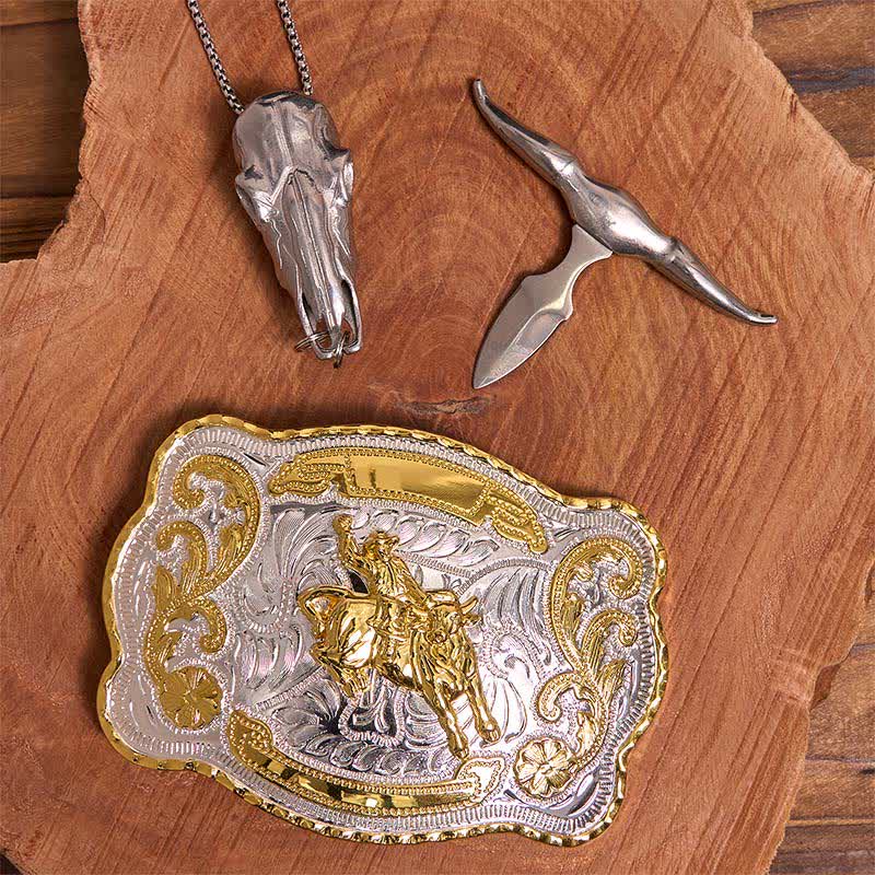 Conjunto de hebillas de cinturón para montar a caballo, con colgante de toro de cuernos largos - image 2
