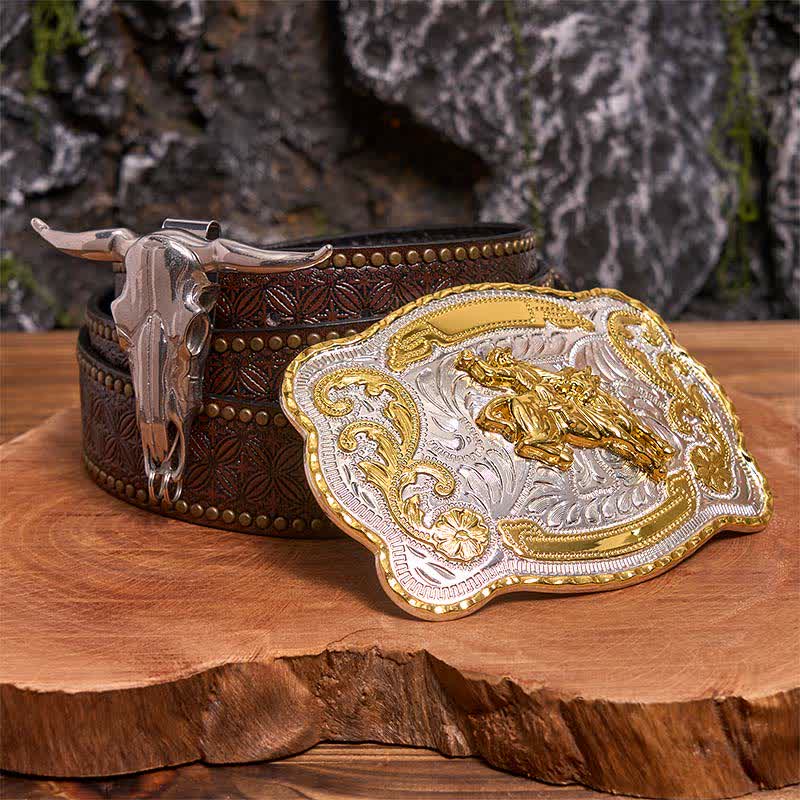 Conjunto de hebillas de cinturón para montar a caballo, con colgante de toro de cuernos largos - Caballo - Cinturón con remaches marrones - 42 - image 5