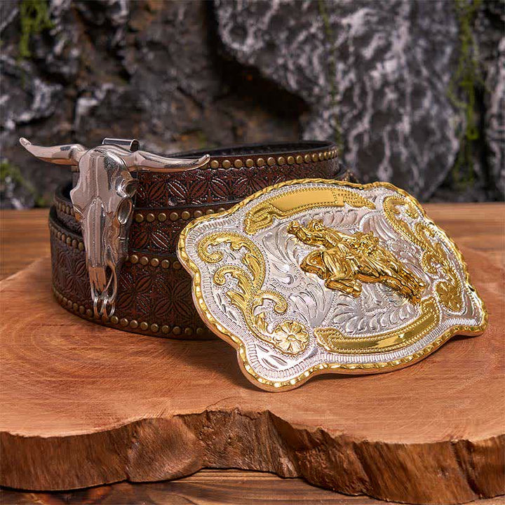 Conjunto de hebillas de cinturón para montar a caballo, con colgante de toro de cuernos largos - Caballo - Cinturón con remaches marrones - 42 - image 5