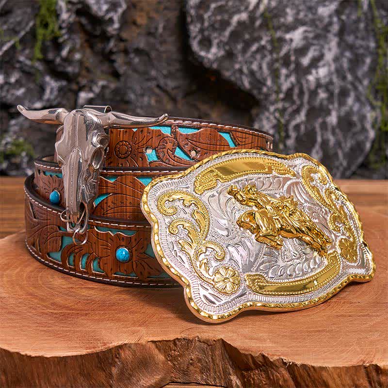 Conjunto de hebillas de cinturón para montar a caballo, con colgante de toro de cuernos largos - Caballo - Cinturón tallado en turquesa - 42 - image 4