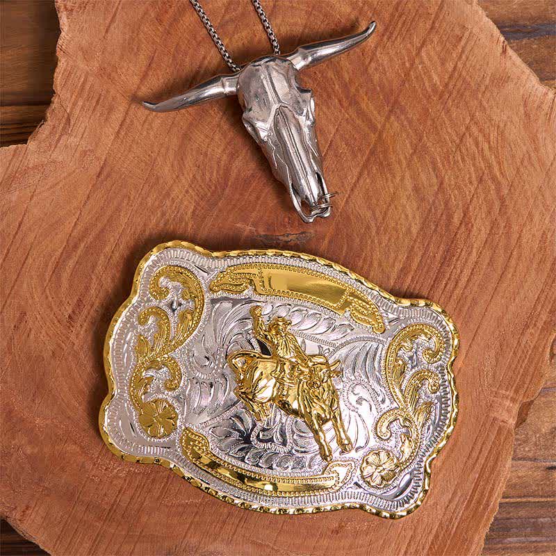 Conjunto de hebillas de cinturón para montar a caballo, con colgante de toro de cuernos largos - Caballo - Sin cinturón - No incluye cinturón - image 1