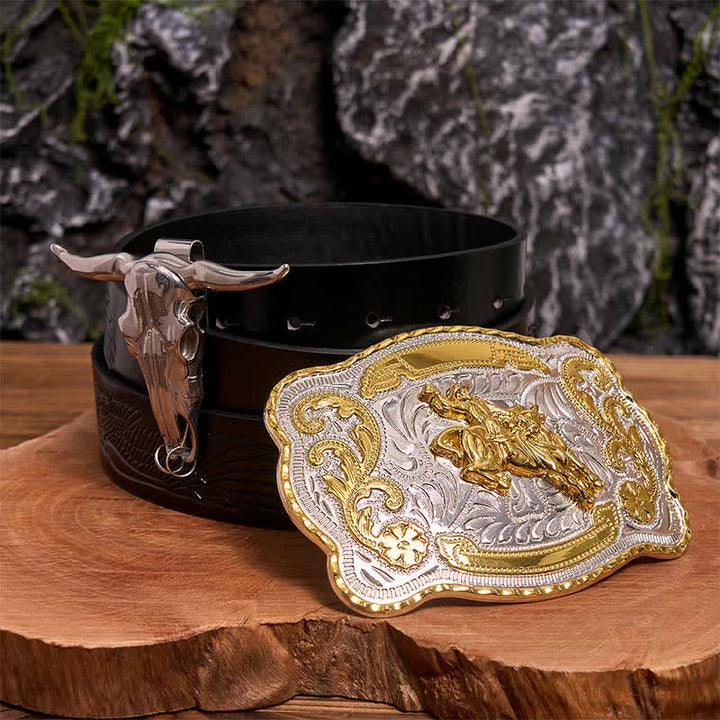 Conjunto de hebillas de cinturón para montar a caballo, con colgante de toro de cuernos largos - Caballo - Cinturón de águila negra en relieve - 42 - image 3