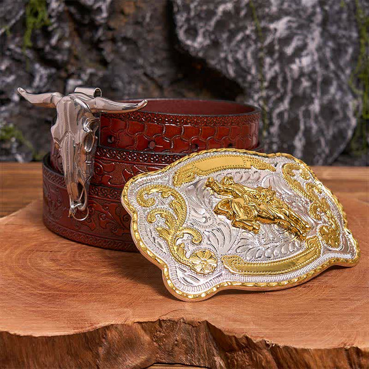 Conjunto de hebillas de cinturón para montar a caballo, con colgante de toro de cuernos largos - Caballo - Cinturón marrón tallado - 42 - image 7