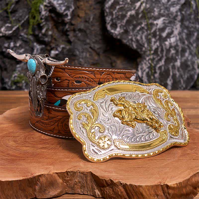 Hebilla de cinturón para montar a caballo DIY con colgante de toro de cuernos largos turquesa - Equitación - Cinturón de plumas marrones - 40 - image 0