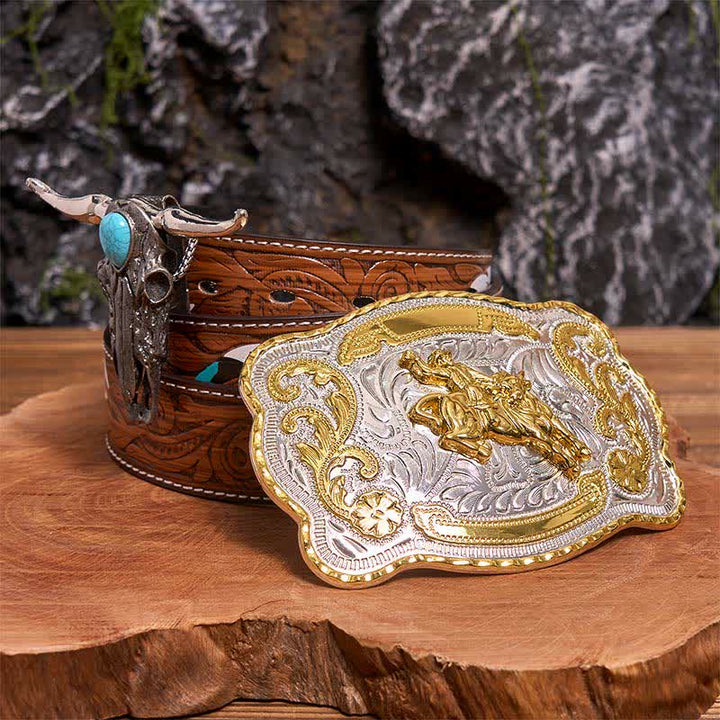 Hebilla de cinturón para montar a caballo DIY con colgante de toro de cuernos largos turquesa - Equitación - Cinturón de plumas marrones - 40 - image 0