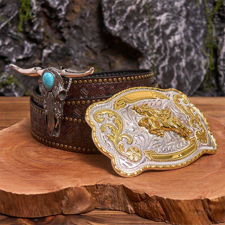 Hebilla de cinturón para montar a caballo DIY con colgante de toro de cuernos largos turquesa - Equitación - Cinturón con remaches marrones - 42 - image 5