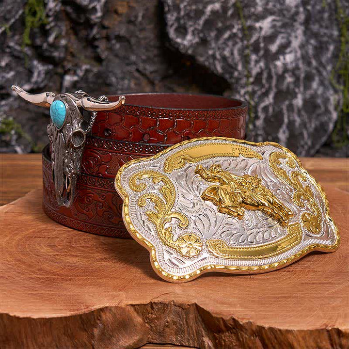 Hebilla de cinturón para montar a caballo DIY con colgante de toro de cuernos largos turquesa - Equitación - Cinturón marrón tallado - 42 - image 7