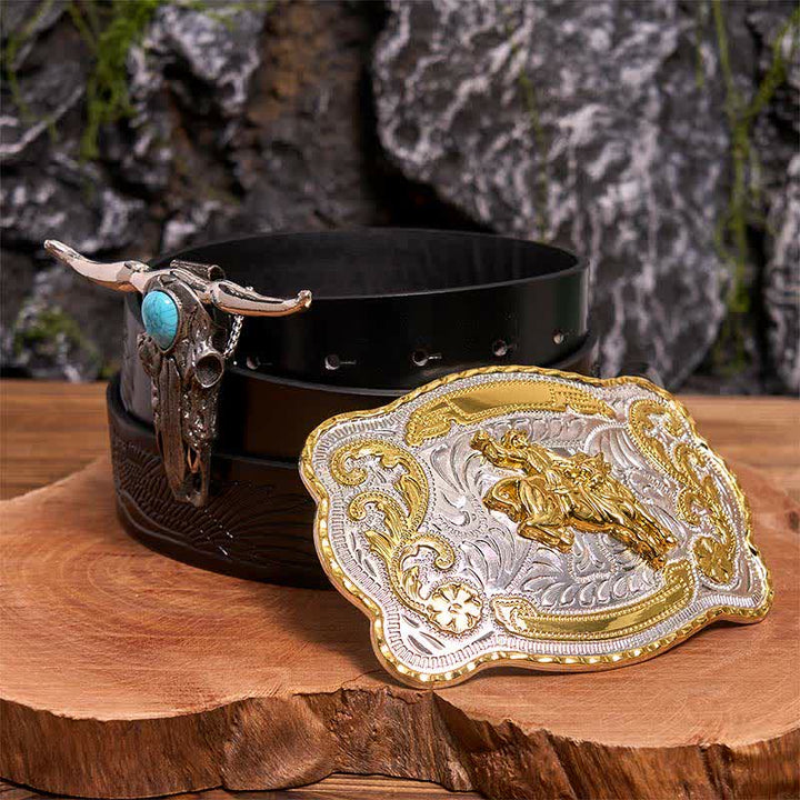 Hebilla de cinturón para montar a caballo DIY con colgante de toro de cuernos largos turquesa - Equitación - Cinturón de águila negra en relieve - 42 - image 3