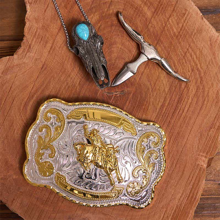 Hebilla de cinturón para montar a caballo DIY con colgante de toro de cuernos largos turquesa - image 2
