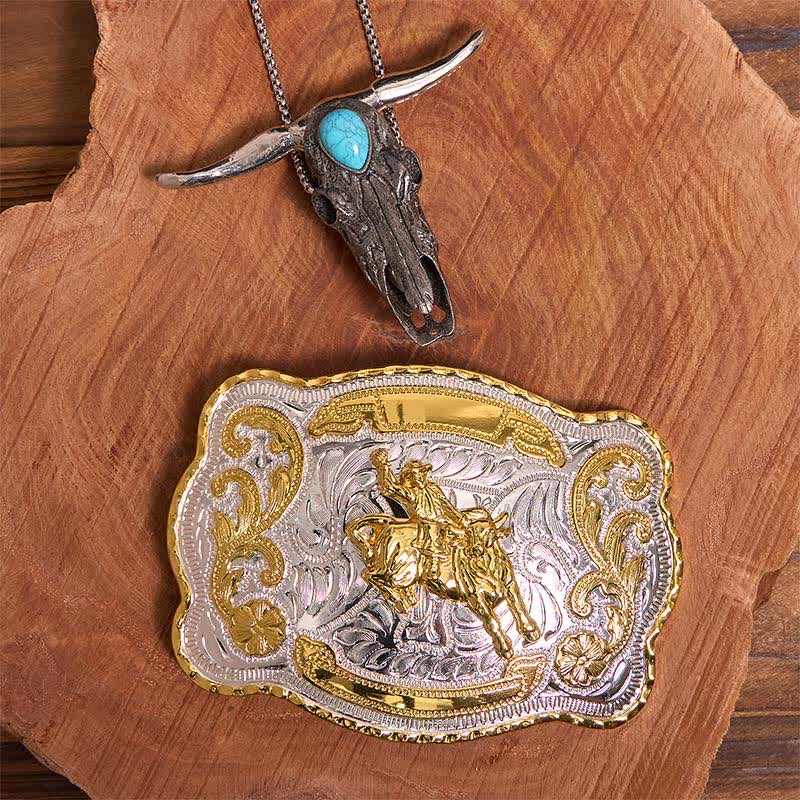 Hebilla de cinturón para montar a caballo DIY con colgante de toro de cuernos largos turquesa - Equitación - Sin cinturón - No incluye cinturón - image 1