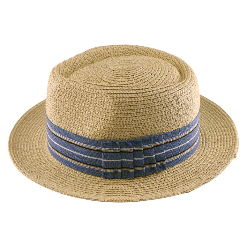 Sombrero de vaquero tejido con lazo y banda de rayas de colores para hombre - Beige - Banda de rayas azules - Ajustable (21 5/8"-23 1/4") - image 6