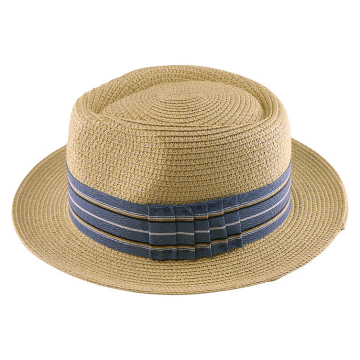 Sombrero de vaquero tejido con lazo y banda de rayas de colores para hombre - Beige - Banda de rayas azules - Ajustable (21 5/8"-23 1/4") - image 6