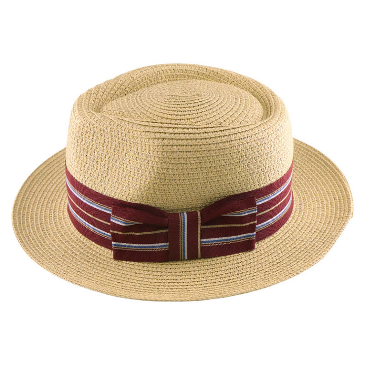 Sombrero de vaquero tejido con lazo y banda de rayas de colores para hombre - Beige - Banda de rayas de color rojo vino - Ajustable (21 5/8"-23 1/4") - image 9