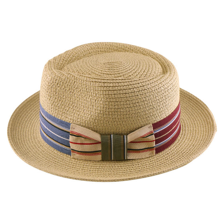 Sombrero de vaquero tejido con lazo y banda de rayas de colores para hombre - Beige - Pajarita empalmada de colores - Ajustable (21 5/8"-23 1/4") - image 2