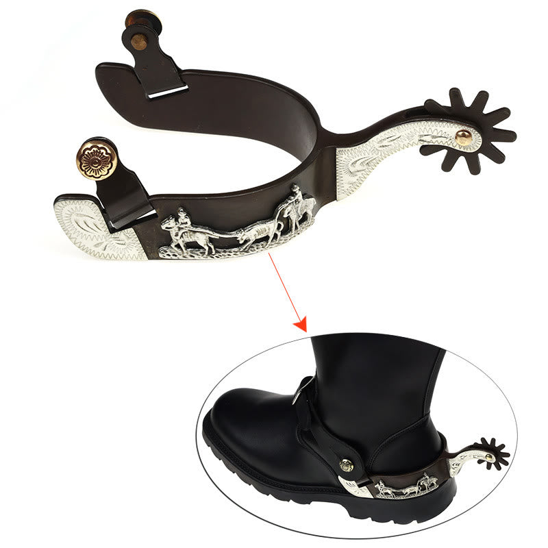 Espuelas de vaquero con incrustaciones de cobre y bordes tallados - image 2