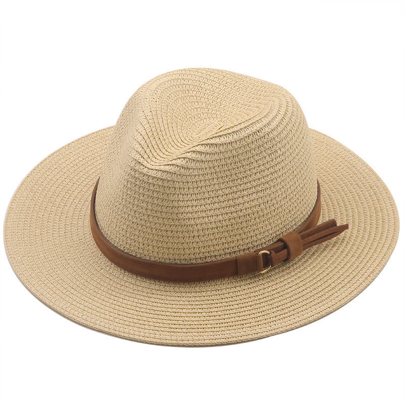 Sombrero de vaquero de punto para hombre con cinturón marrón y parasol para exteriores - Beige - M (22"-22 7/8") - image 8