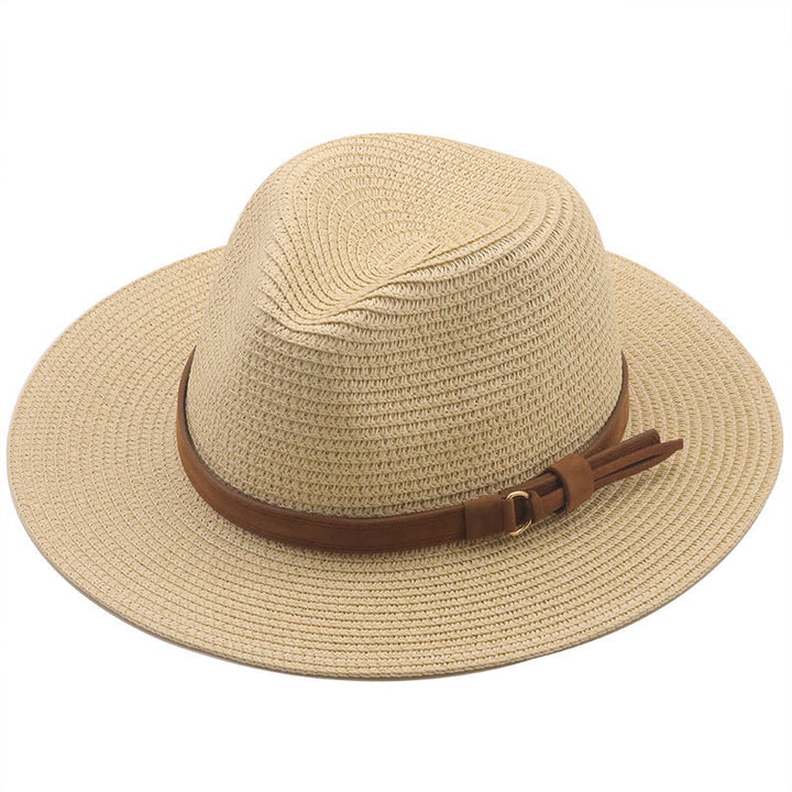 Sombrero de vaquero de punto para hombre con cinturón marrón y parasol para exteriores - Beige - M (22"-22 7/8") - image 8