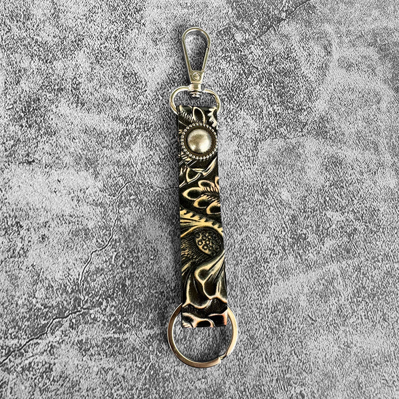 Llavero con colgante de cuero genuino con relieve occidental - Negro y amarillo - image 4
