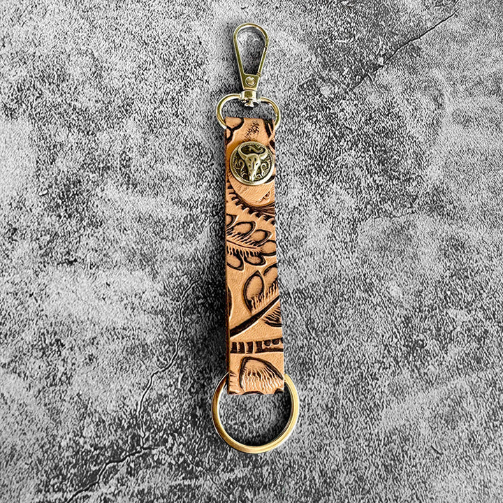 Llavero con colgante de cuero genuino con relieve occidental - Cabeza de toro marrón - image 2