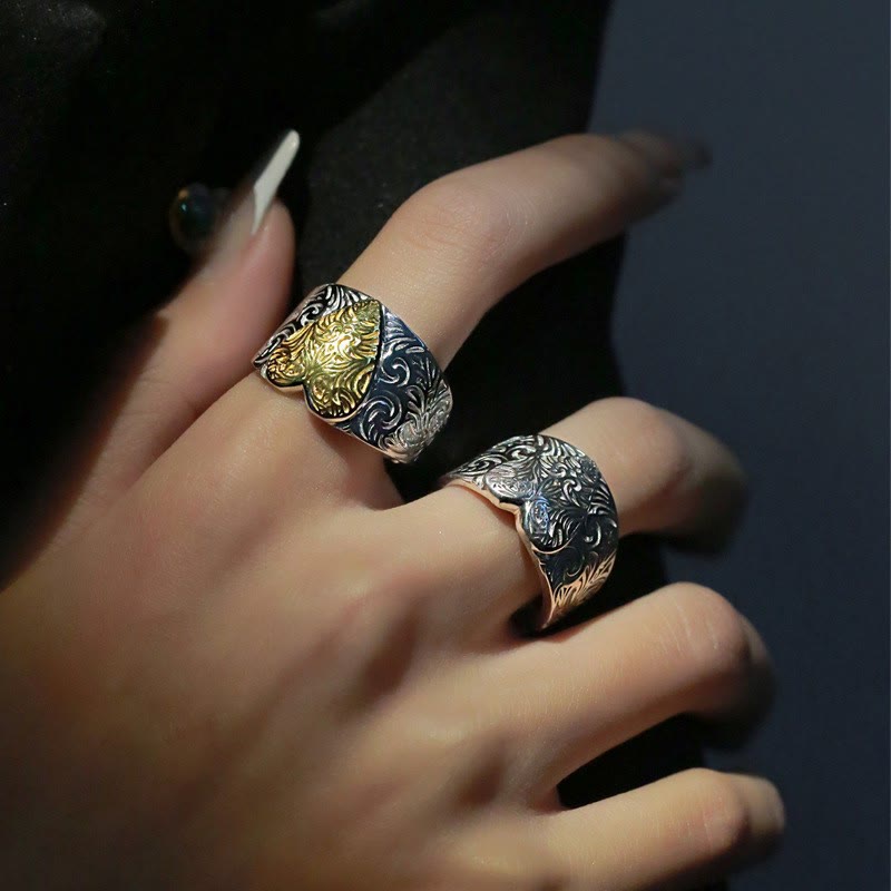 Anillo ajustable de corazón con estampado de hierba en contraste dorado y plateado - image 4