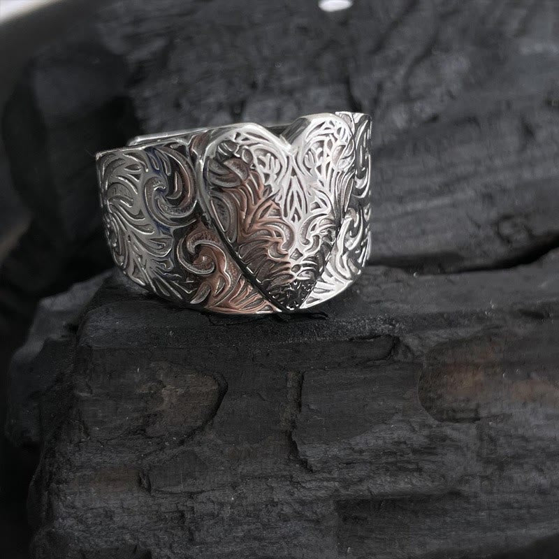 Anillo ajustable de corazón con estampado de hierba en contraste dorado y plateado - Plata - Ajustable - image 2