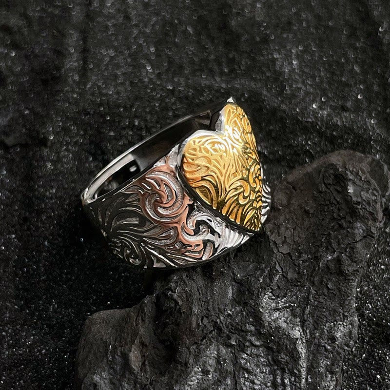 Anillo ajustable de corazón con estampado de hierba en contraste dorado y plateado - Oro y plata - Ajustable - image 0