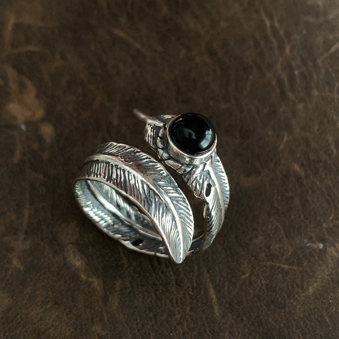 Anillo vintage de plata esmaltada con pluma negra - Plata - Ajustable - image 0