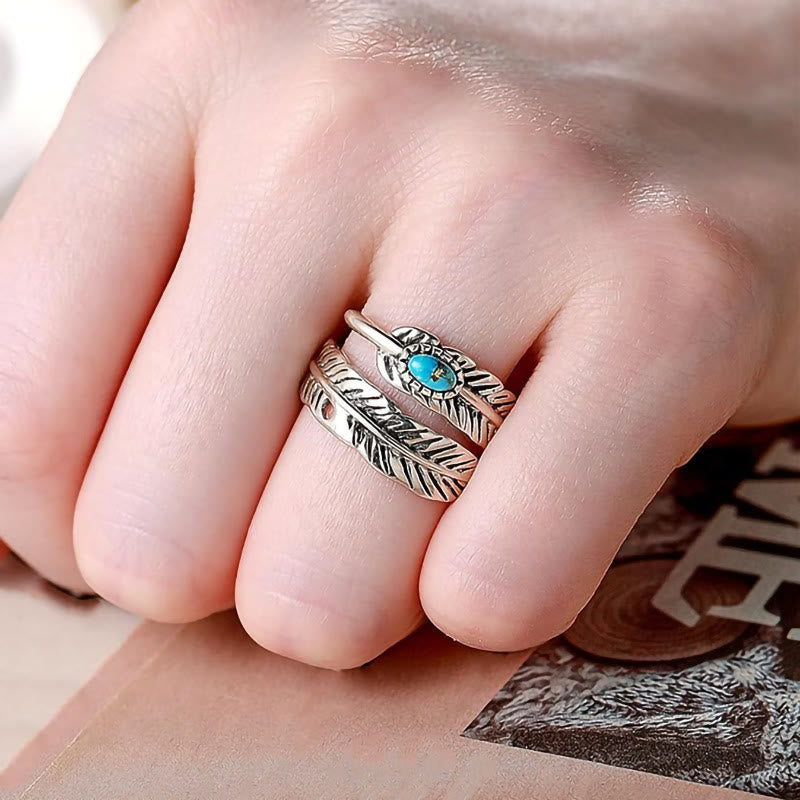 Anillo de plata estilo bohemio con plumas de turquesa incrustadas - image 1