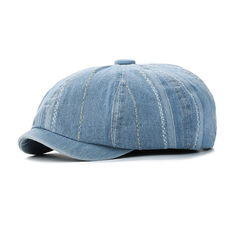 Gorra de vendedor de periódicos a rayas de mezclilla Sombrero de boina octogonal - Azul claro - Ajustable (22"-23 1/4") - image 9