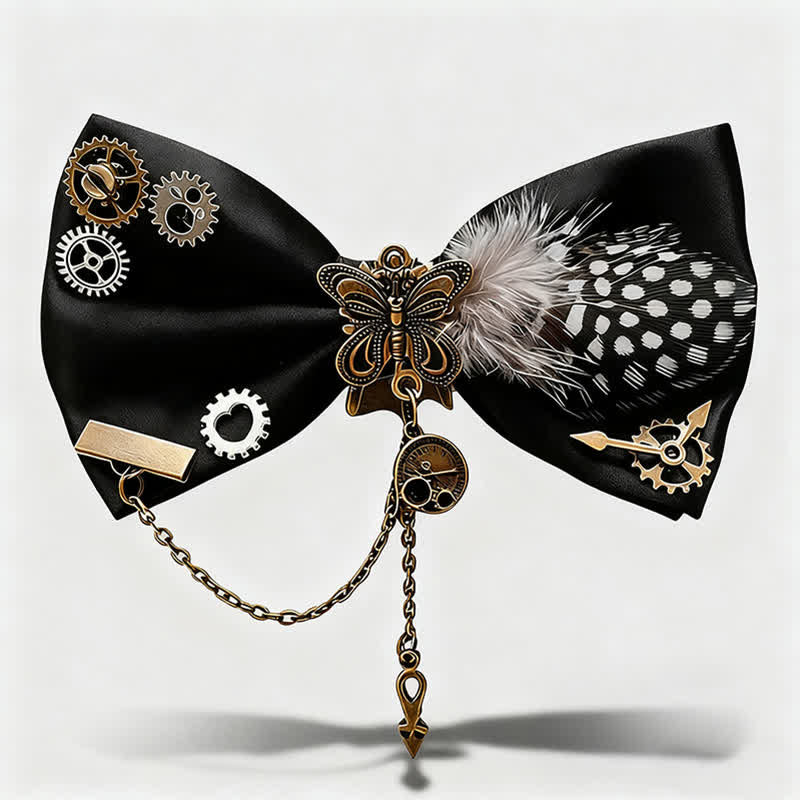 Pajarita de plumas con lunares blancos y engranajes estilo steampunk - Negro - image 0