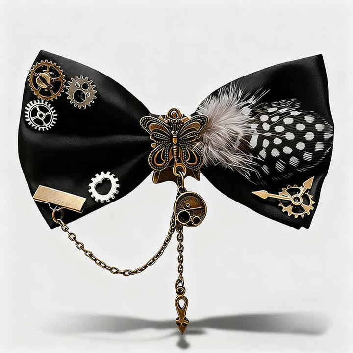 Pajarita de plumas con lunares blancos y engranajes estilo steampunk - Negro - image 0