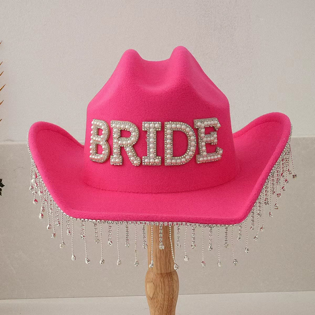 Exquisito sombrero de vaquero con borlas y incrustaciones de perlas para novia - Rojo - Ajustable (aproximadamente 21 5/8"-23 1/4") - image 5