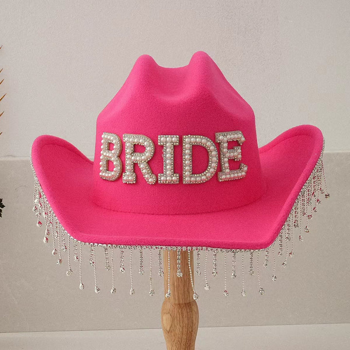 Exquisito sombrero de vaquero con borlas y incrustaciones de perlas para novia - Rojo - Ajustable (aproximadamente 21 5/8"-23 1/4") - image 5