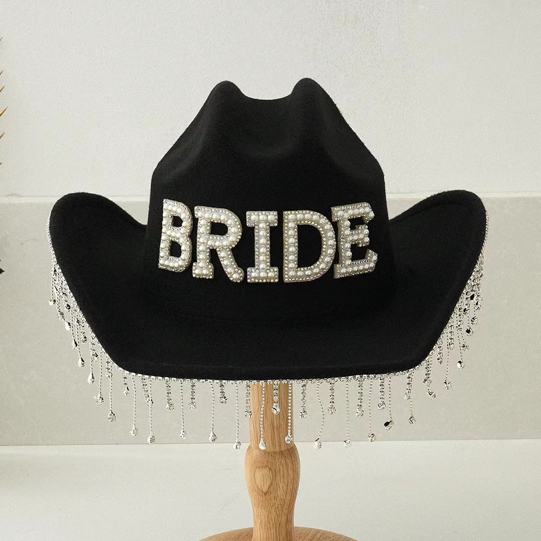 Exquisito sombrero de vaquero con borlas y incrustaciones de perlas para novia - Negro - Ajustable (aproximadamente 21 5/8"-23 1/4") - image 3