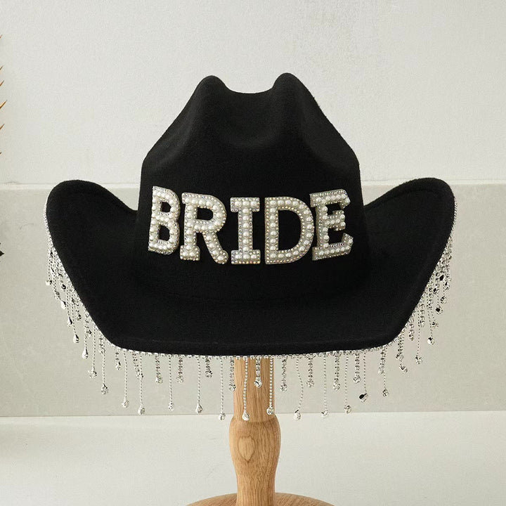 Exquisito sombrero de vaquero con borlas y incrustaciones de perlas para novia - Negro - Ajustable (aproximadamente 21 5/8"-23 1/4") - image 3